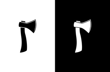 An axe depicted in two variations: one black on white, the other white on black.