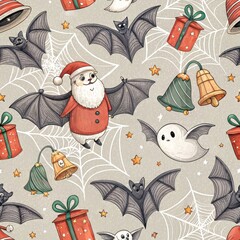 Whimsical seamless pattern combining Halloween and Christmas with Santa bats, ghosts, spiderwebs, bells, and wrapped gifts in a playful style.