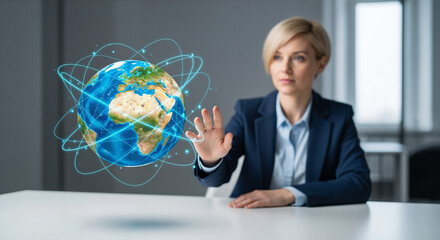 Futuristic global business concept with a businesswoman interacting with a holographic Earth network display
