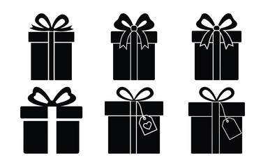 A set of black gift box icons isolated on white background, each with a unique ribbon and bow, perfect for holiday or birthday designs