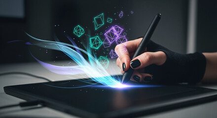 Creative graphic designer's hand drawing futuristic glowing neon geometric shapes on a digital graphics tablet