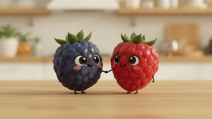 Adorable, animated berry characters, a blueberry and a raspberry, stand side by side, illustrating friendship and companionship in a heartwarming scene.