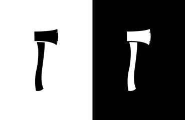 Simple axe icon, black and white, graphic design, reversed.
