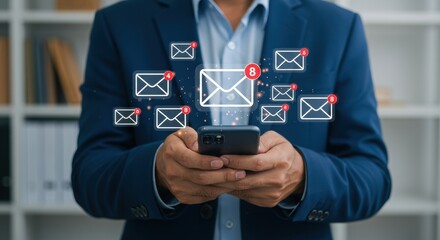Business professional checking emails on smartphone with envelope icons. Digital communication overlay with unread message notification. Modern office workspace with email management.