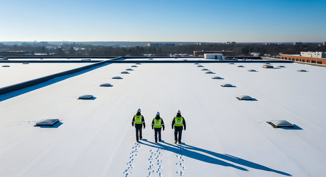 Professional team ready to repair roof on a snow-covered commercial building, overseeing maintenance in winter - Powered by Adobe