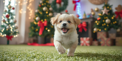 A small, fluffy dog with a joyful expression runs across green grass indoors, surrounded by twinkling lights and vibrant holiday decorations, showcasing a festive atmosphere