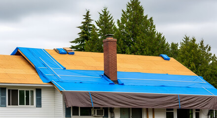 Residential house undergoing repair roof with blue tarps and exposed plywood sheathing, indicating home renovation.
