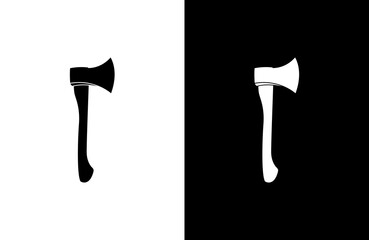 Simple graphic design featuring a hatchet, displayed in both black and white.