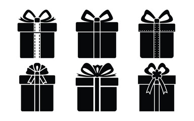 A collection of black gift box silhouettes with various ribbon and bow designs, isolated on white background