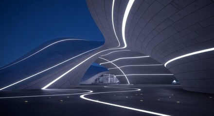 Modern Architectural Structure with Curved Lines and LED Lights