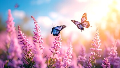Butterflies in a field of pink flowers