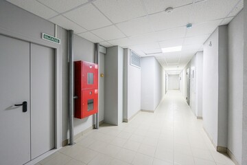 long, bright hallway with white tiled floors and white walls. A red fire hose cabinet is mounted near the exit door on the left
