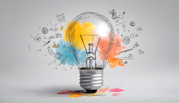 Creative lightbulb bursting with colorful ideas and business concepts, symbolizing innovation and inspiration
