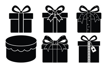 A set of six black gift boxes with ribbons and bows isolated on white background, perfect for any special occasion