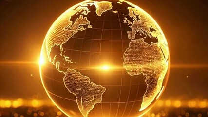 A glowing golden digital globe highlighting continents with a futuristic grid and sparkling light effects on a dark background. spin video
- Powered by Adobe