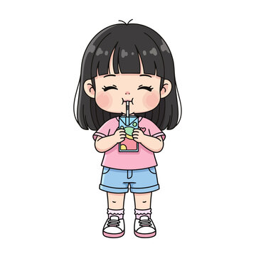 	Chiby Kid Character isolated on transparent background drinking juice with eyes closed