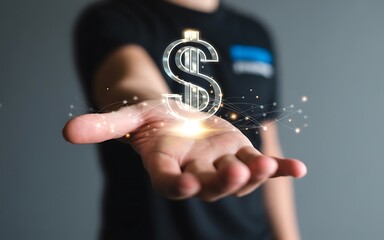 Glowing dollar symbol held in open palm dollar sign currency