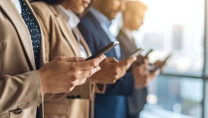 Business professionals in suits use smartphones