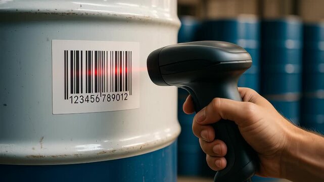 Oil logistics network. Hand holding black laser barcode scanner reading barcode label white blue industrial drum inside warehouse environment - Powered by Adobe
