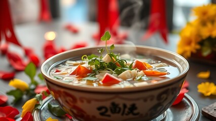 Vietnam National Day flag on silk cushion with bamboo leaves and lanterns