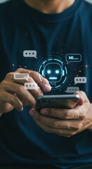 Business person interacting with chatbot on smartphone. Digital communication with robot face and speech bubbles. Modern AI conversation interface illustration.