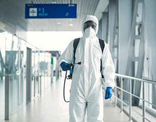 A sanitation worker in protective gear disinfecting a public space. A concept of public health, safety, and hygiene
