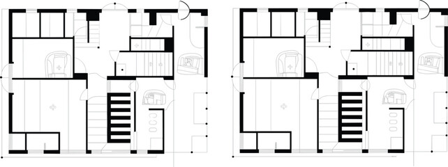 Modern architectural floor plan layout, black and white blueprint design, residential building plan, professional house interior drawing design template.