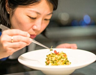 A chef meticulously plating a gourmet dish in a professional kitchen. A concept of culinary arts and fine dining