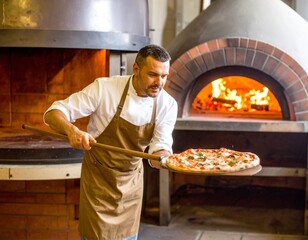 A pizza chef sliding a pizza into a fiery wood-fired oven. A concept of traditional cooking and authentic food