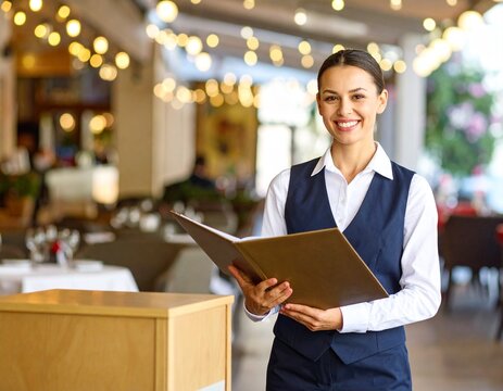 A friendly restaurant hostess smiling warmly at the entrance. A concept of hospitality and excellent customer service.