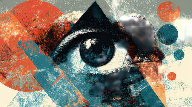 Eye cut from jagged polygonal base with orbiting accents, gritty print density in abstract poster use. Illustration