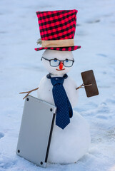 Snowman using phone and laptop in winter landscape. Funny snow man working online.