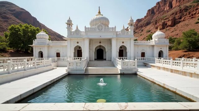 Stunning 4k video footage of the serene Guru Nanak Jhira Sahib temple in Bidar, showcasing white marble architecture with flowing spring waters.