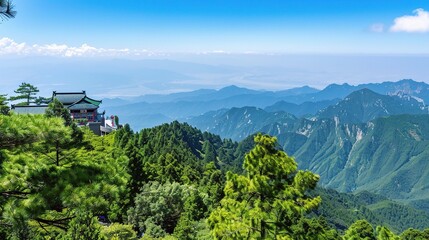 Scenic view of Lushan Mountain showcasing mist-covered peaks, cascading waterfalls, ancient temples, dense forests, and winding mountain roads, located in Jiangxi, China