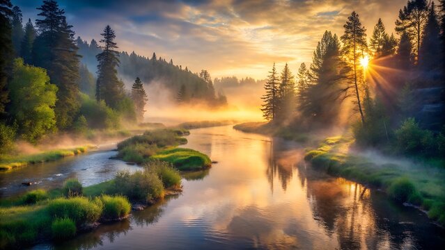 Photo of a serene river landscape at sunrise with mist rising over the water and sunlight filtering through the trees