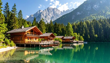 Naklejka premium Calm lake nestled in a mountain valley, with several wooden houses on stilts along the shore