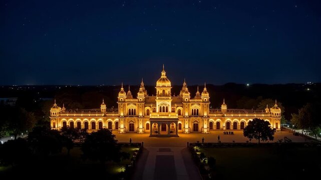 Stunning night aerial video of Mysore Palace bathed in golden light, showcasing dark gardens and a starry sky, perfect for travel and tourism.
