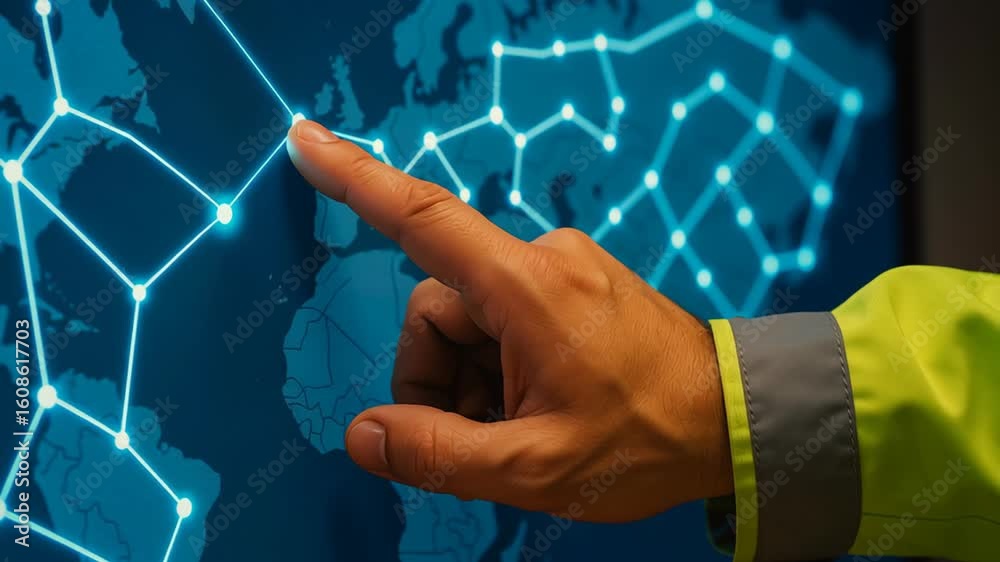 Poster oil logistics network. hand touching digital map with glowing network points and lines showing conne