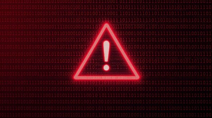 Red digital background with binary code and a glowing warning sign with exclamation point in the center