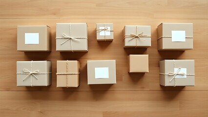 Minimalist arrangement of package boxes on wood, showcasing a clean e-commerce concept.