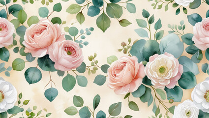 Fototapeta premium Watercolor floral rose flower botanical illustration painting wedding invitation card background art print
