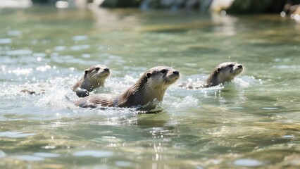 Three otters swimming together in clear water, creating playful splashes.