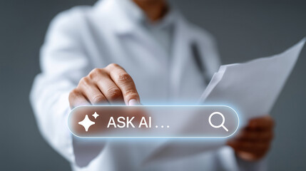 Person in white coat interacts with digital search bar labeled ASK AI, symbolizing technology and innovation