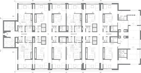 Modern apartment floor plan layout, architectural blueprint with interior design elements, detailed residential building structure for construction and planning.