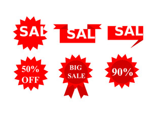 Set of sale,big sale,90% and 50% off red sticker.Sign, symbol, icon or logo isolated.Flat design.Graphic.Element and banner.Insignia, labels and badges.Stamp.Vector illustration.