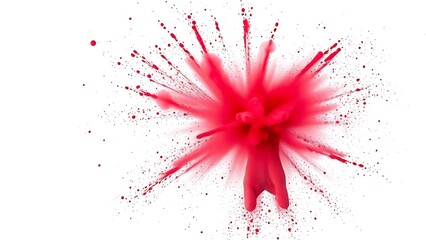 Vibrant red Holi powder explosion captured dynamically against a white background.