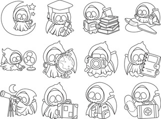 Illustration of cute skull ghost icon.
Funny skull ghost in activities stickers.
Angel of death cute elements.