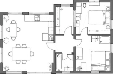 Modern apartment floor plan CAD drawing, architectural blueprint with two bedrooms, kitchen, dining area, bathroom, living room, vector sketch