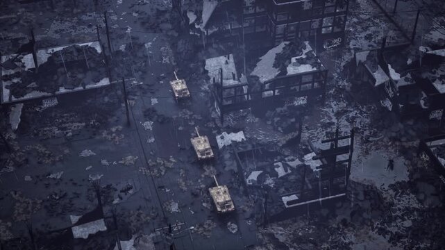 Tanks March in Rainy Destroyed City