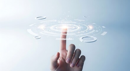 A finger touching a glowing interface with circular elements on a light blue gradient background